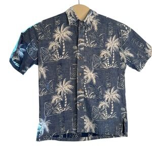 Kalaheo Mens Blue Reverse Print Palm Tree Aloha Shirt Made in Hawaii Medium